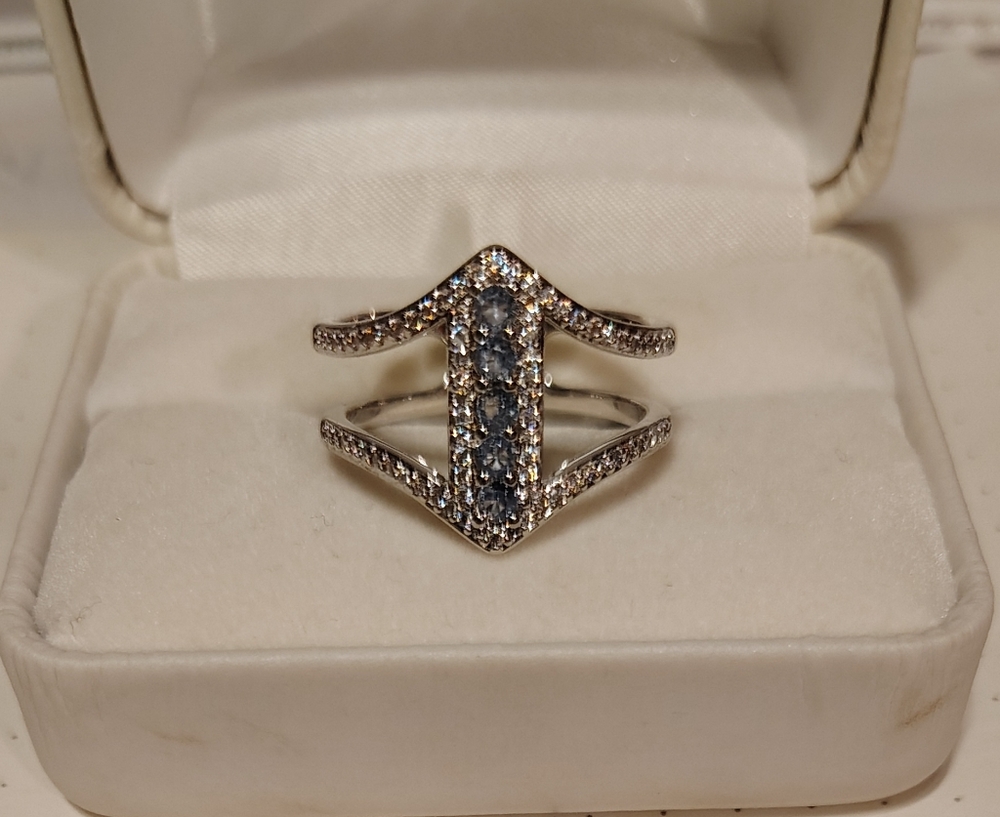 Silver-Tone Blue Crystal Chevron Ring